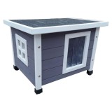 Căsuță Pisici Exterior Lemn XL Gri/Alb 68.5x54x51.5 cm @Pet - Adăpost Termoizolat Ușă Batantă, Acoperiș Bituminat