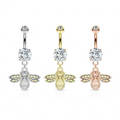 Piercing pentru buric, din oțel - albină cu aripi de cristal curcubeu, cristal transparent într-o montură - Culoare: Auriu
