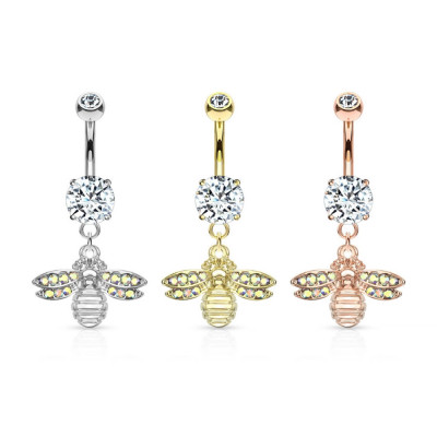 Piercing pentru buric, din oțel - albină cu aripi de cristal curcubeu, cristal transparent &amp;icirc;ntr-o montură - Culoare: Auriu foto