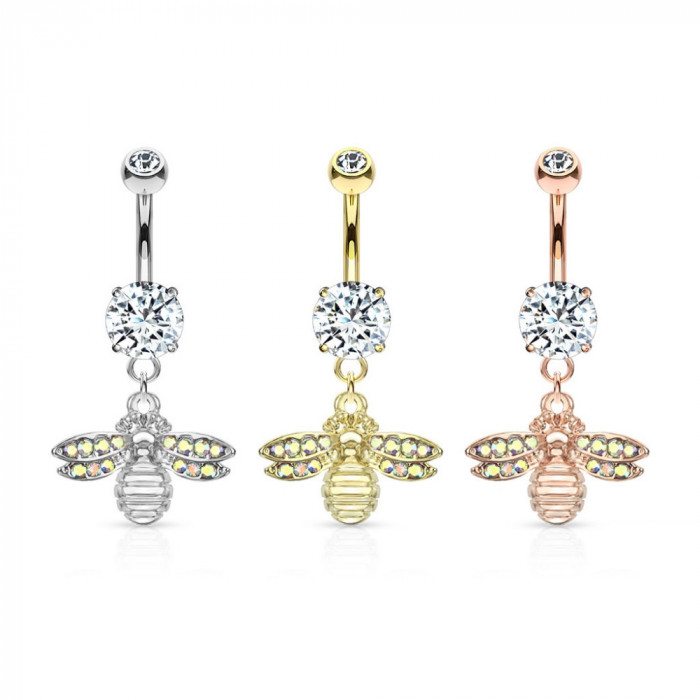 Piercing pentru buric, din oțel - albină cu aripi de cristal curcubeu, cristal transparent &icirc;ntr-o montură - Culoare: Auriu