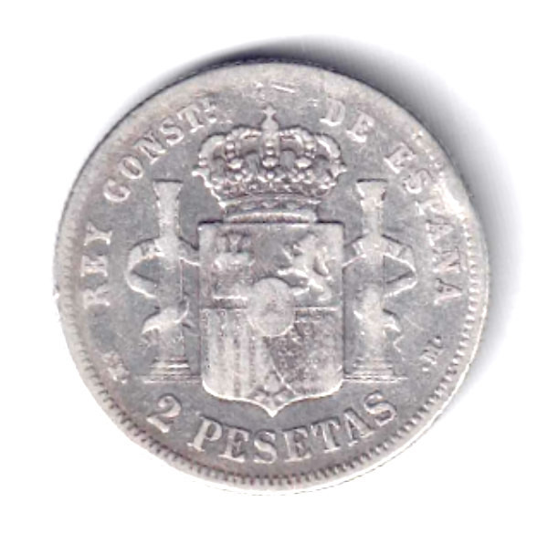 SPANIA 2 PESETAS 1879 EMM ARGINT VF+ CU O LOVITURA LA ORA 2