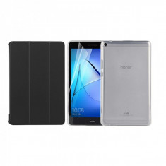 Set 3 in 1 husa carte, husa silicon si folie protectie ecran pentru Huawei MediaPad T3 8, 8 Inch, negru foto