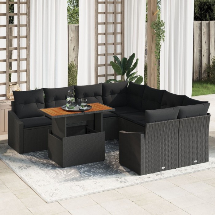 Gossi set de canapea de gradina cu 9 piese si perne, negru, poliratan