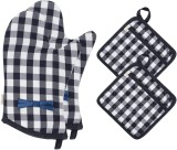 Set de 2 manusi si 2 suporturi de oale pentru bucatarie NEOVIVA, bumbac, bleumarin/alb
