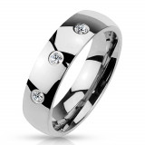 Inel-verighetă argintie din oțel 316L, suprafață lucioasă și netedă, trei zirconii, 4 mm - Marime inel: 57