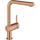 Baterie de bucatarie Grohe Minta 30274DA0, 3/8&amp;#039;&amp;#039;, monocomanda, tip L, pivotanta, dus extractabil, warm sunset