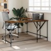 Birou calculator vidaXL, stejar fumuriu, 149x149x75 cm, lemn prelucrat, design L, picioare reglabile, cadru metalic maro