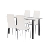 Set Sufragerie Denton 4+1 Alb-Gri, Leziter, Masa 140cm Sticla, Scaune Piele Textila