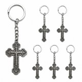 Cumpara ieftin Set 6 brelocuri argintii 10,5 cm cu cruce 5,4 x 3,3 cm, aliaj metalic patinat, port chei crestin pentru barbati si femei sau marturii botez