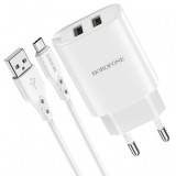 Incarcator Retea BOROFONE BN2, 2 x USB 2,1A + Cablu de date / incarcare Micro USB, Alb Blister