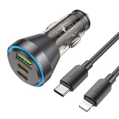 Incarcator auto HOCO USB A + 2 x Tip C + cablu Tip C la Lightning PD QC3.0 3A 60W - Transparent Negru