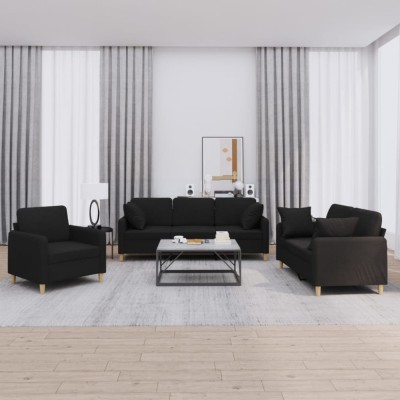 vidaXL Set de canapele cu perne, 3 piese, negru, textil 3202074 foto