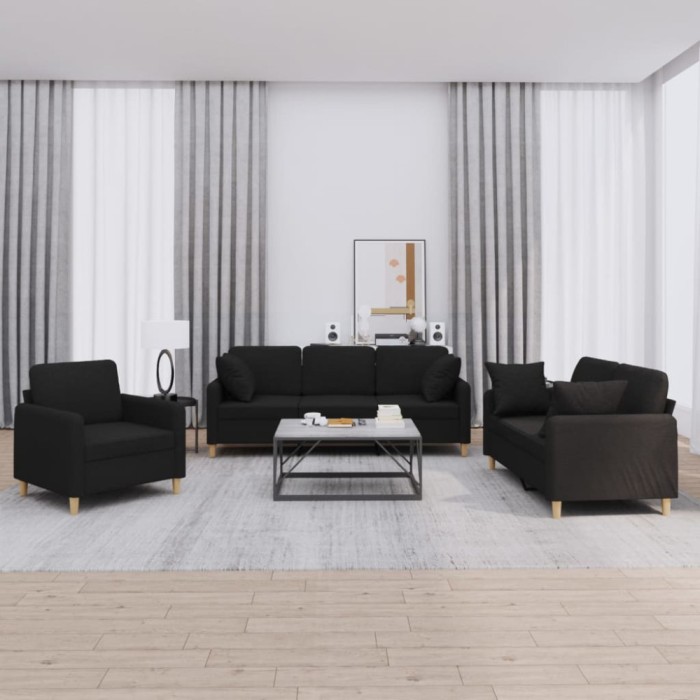 vidaXL Set de canapele cu perne, 3 piese, negru, textil 3202074