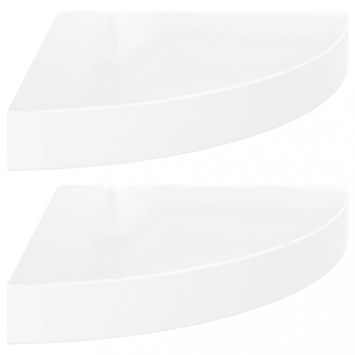 Rafturi de colt plutitoare, 2 buc., alb lucios, 25x25x3,8 cm, MDF