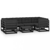 Set mobilier gradina cu perne, 7 piese, negru, lemn masiv pin