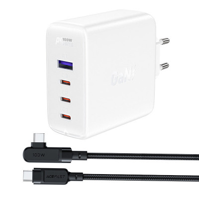 &amp;Icirc;ncărcător Rapid Acefast GaN 3xUSB-C/1xUSB-A 100W Alb + Cablu &amp;icirc;nclinat USB-C - USB-C 100W 2m Alb A37 WHITE foto