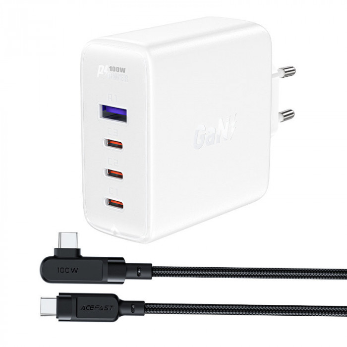 &Icirc;ncărcător Rapid Acefast GaN 3xUSB-C/1xUSB-A 100W Alb + Cablu &icirc;nclinat USB-C - USB-C 100W 2m Alb A37 WHITE