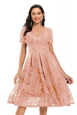 Rochie eleganta din dantela cu decolteu in V, lungime midi, maneca scurta, ideala pentru petreceri, nunta, bal, culoare roz, marimea XL foto