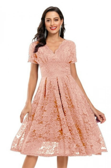 Rochie eleganta din dantela cu decolteu in V, lungime midi, maneca scurta, ideala pentru petreceri, nunta, bal, culoare roz, marimea XL