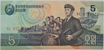 BANCNOTA COMUNISTA 5 WON - COREEA de NORD, anul 1998 *cod 506 B = UNC foto