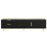 Mobilă TV joasă cu textură sculptată, m&acirc;nere și picioare aurii, structură cu efect de marmură pentru living, 175x40x45 cm, negru