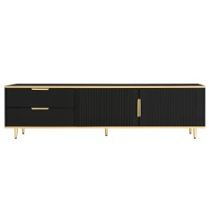 Mobilă TV joasă cu textură sculptată, m&acirc;nere și picioare aurii, structură cu efect de marmură pentru living, 175x40x45 cm, negru