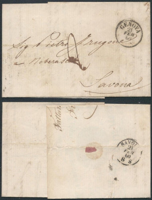 Italy 1860 Postal History Rare Stampless Cover + Content Genova to Savona D.1054 foto