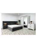 Set Dormitor Roma Gri/Alb cu pat matrimonial tapitat stofa Dressing 2 usi glisante cu oglinda Noptiere si Comoda Viena