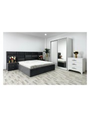 Set Dormitor Roma Gri/Alb cu pat matrimonial tapitat stofa Dressing 2 usi glisante cu oglinda Noptiere si Comoda Viena foto