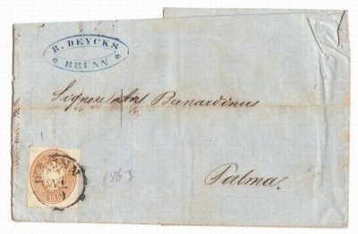 Austria &amp;Ouml;sterreich 1863 Postal History Rare, Letter Brunn Bahnhof to Palma D.074 foto