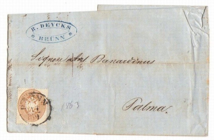 Austria &Ouml;sterreich 1863 Postal History Rare, Letter Brunn Bahnhof to Palma D.074