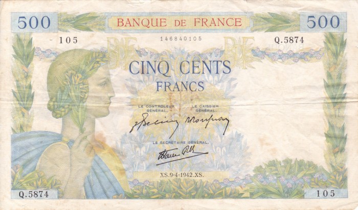 FRANTA 500 francs 9-4-1942 VF-/VF!!!