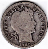 SUA One Dime=10 Cents 1908 D argint 90% aprox 2,5 gr.necuratata cu patina