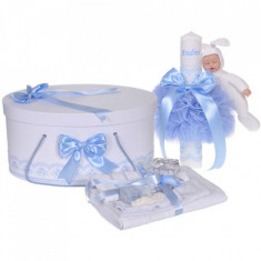 Set trusou botez, cutie trusou si lumanare personalizata cu nume, decor Bleu cu