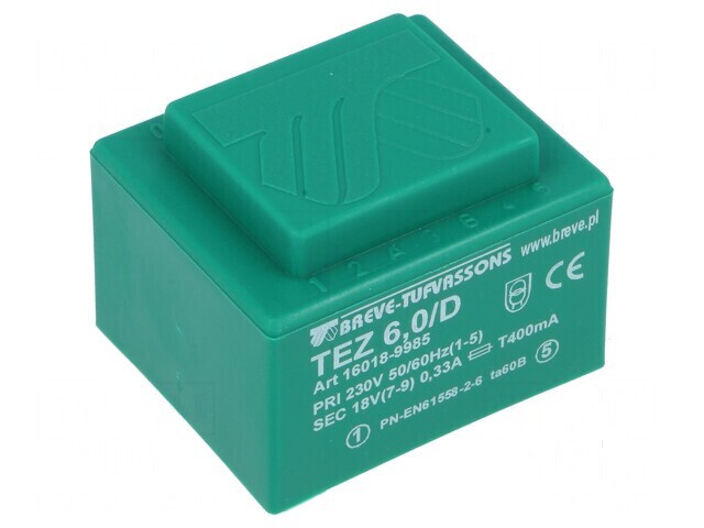 Transformator &icirc;ncapsulat 6VA 230VAC 18V 333,3mA PCB IP00