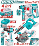TOTAL - KIT COMBO 20V - MASINA DE GAURIT, CIOCAN ROTOPERCUTOR, FIERASTRAU CIRCULAR, SUFLANTA (INCLUD PowerTool TopQuality