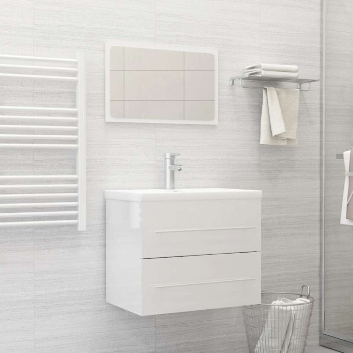 Set mobilier de baie, 2 piese, alb extralucios, lemn compozit