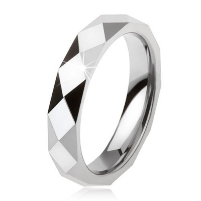 Inel tungsten de culoare gri-oţel, suprafaţă şlefuită cu forme geometrice - Marime inel: 55 foto