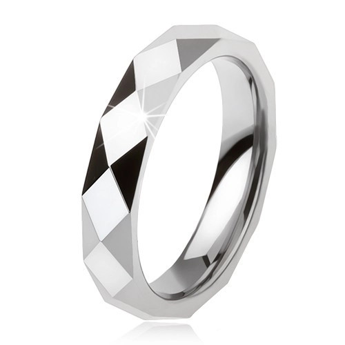 Inel tungsten de culoare gri-oţel, suprafaţă şlefuită cu forme geometrice - Marime inel: 60