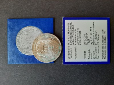 5 DM comemorative &amp;quot;W. &amp;amp; M. Humboldt&amp;quot; 1967, RFG - G 4652 foto
