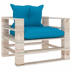 Canapea gradina din paleti, cu perne albastre, lemn de pin GartenMobel Dekor