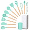 Set Sersimo 12 ustensile de bucatarie din silicon termorezistent si maner din bambus, verde