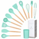 Set Sersimo 12 ustensile de bucatarie din silicon termorezistent si maner din bambus, verde Household NewTrend