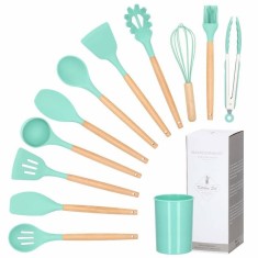 Set Sersimo 12 ustensile de bucatarie din silicon termorezistent si maner din bambus, verde Household NewTrend