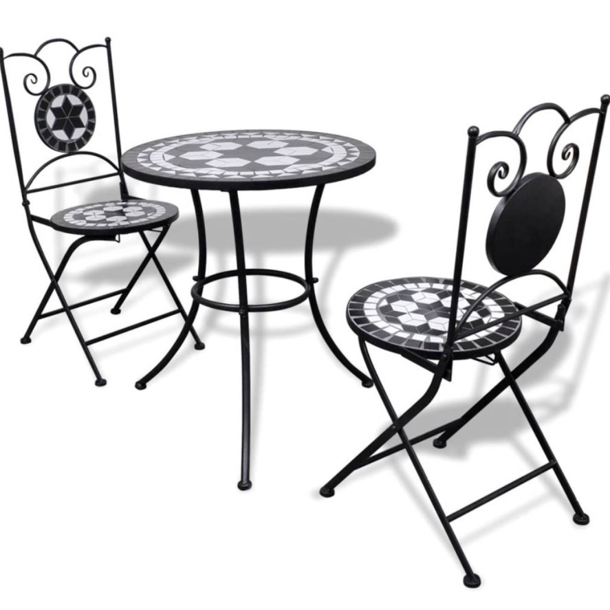 Set masa si 2 scaune mozaic, cadru de fier, pliabile, terasa/gradina, alb  negru | Okazii.ro
