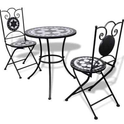 Set masa si 2 scaune mozaic, cadru de fier, pliabile, terasa/gradina, alb negru foto
