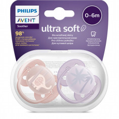 Suzete Ultra Soft SCF091/09 pentru 0-6 luni Roz/Mov, 2 bucati, Philips Avent