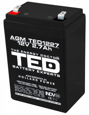 Acumulator AGM VRLA 12V 2,7A dimensiuni 70mm x 47mm x h 98mm F1 TED Battery Expert Holland TED003119 (20) SafetyGuard Surveillance foto