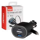 Incarcator auto la priza bricheta, iesire USB QC 3.0, + 2x USB C + USB C cablu retractabil, 20W incarcare rapida ; AMIO