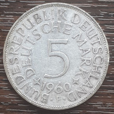 (A846) MONEDA DIN ARGINT GERMANIA - 5 MARK 1960, LIT F, 11,2 GRAME. PURITATE 625